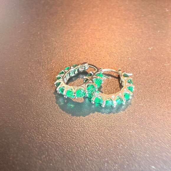 Silver Hoop Earrings With Green CZ Stones Elegant Design Fashion Jewelry - Picture 5 of 5
